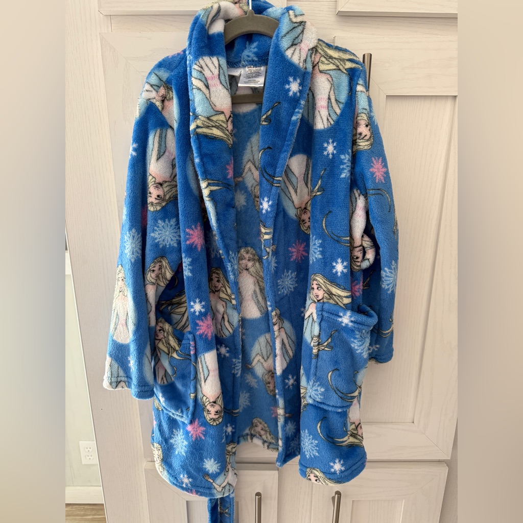 Disney Frozen Elsa Girls Fleece Short Robe W Attached Ties Sz 6 6x